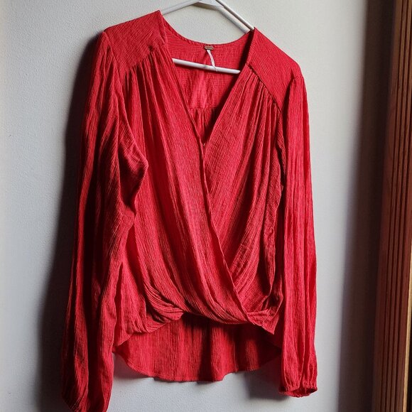 Free People Bright Red/Orange V-Neck Crossover Blouse Size Medium - Picture 4 of 16